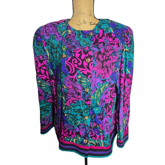Vintage 80s Neon Paisley Pink Button Jacket Maximalist - Picture 2 of 12